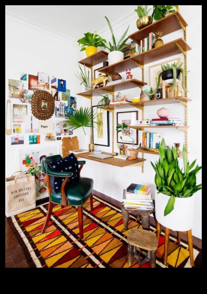 Care sunt câteva idei de decor de birou boeme cu accesorii colorate pentru birou Boho?