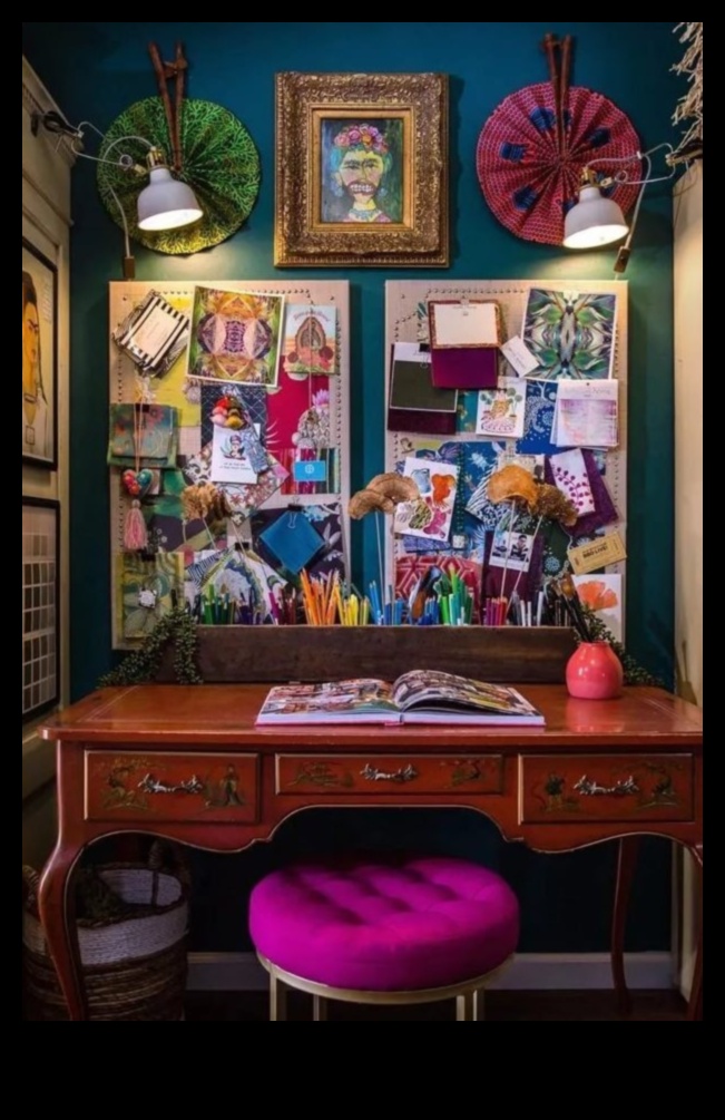 Care sunt câteva idei de decor de birou boeme cu accesorii colorate pentru birou Boho?